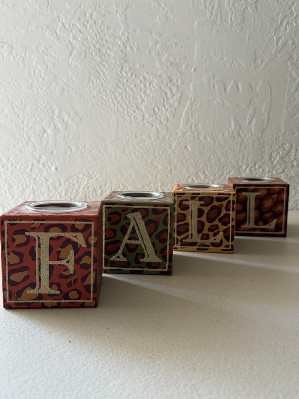 F A L L Decorative Leopard Print Tea Candle Holders - Set of 4